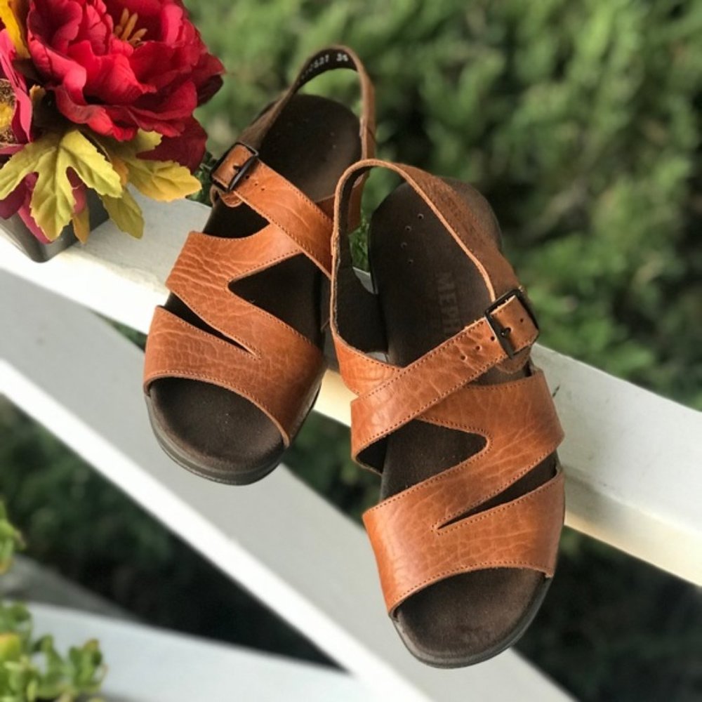 Women's Mephisto Open Toe Brown Leather Buckle - Picture 6 of 8